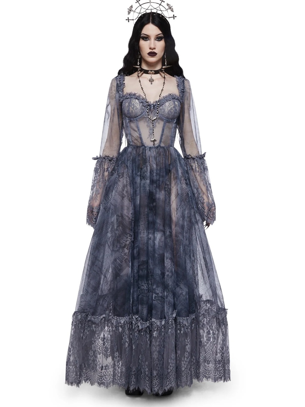 DANCE WITH DEATH MAXI DRESS - SCRIPT
Gothic Lace - Blue Smoke Gray - Halloween